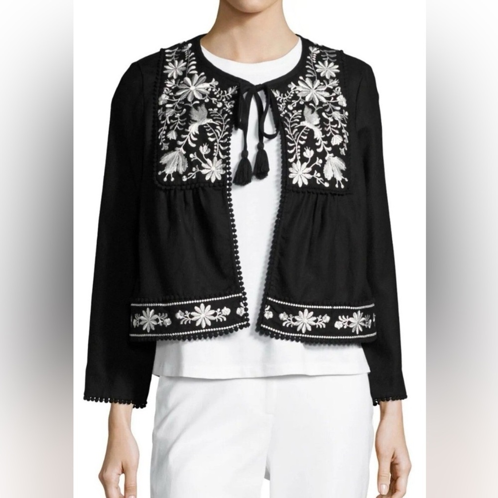 Broome Street Kate Spade Black Embroidered White Floral Open Front Jacket Sz XS